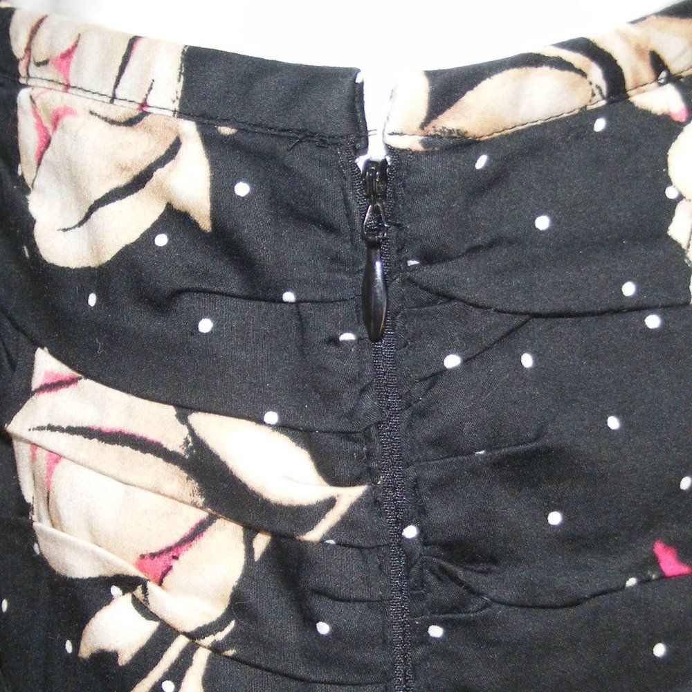 WHBM Skirt, 8, Black/Tan & Pink Floral/White Polka Dots, Ruched, Romantic,wiggle - Picture 5 of 10
